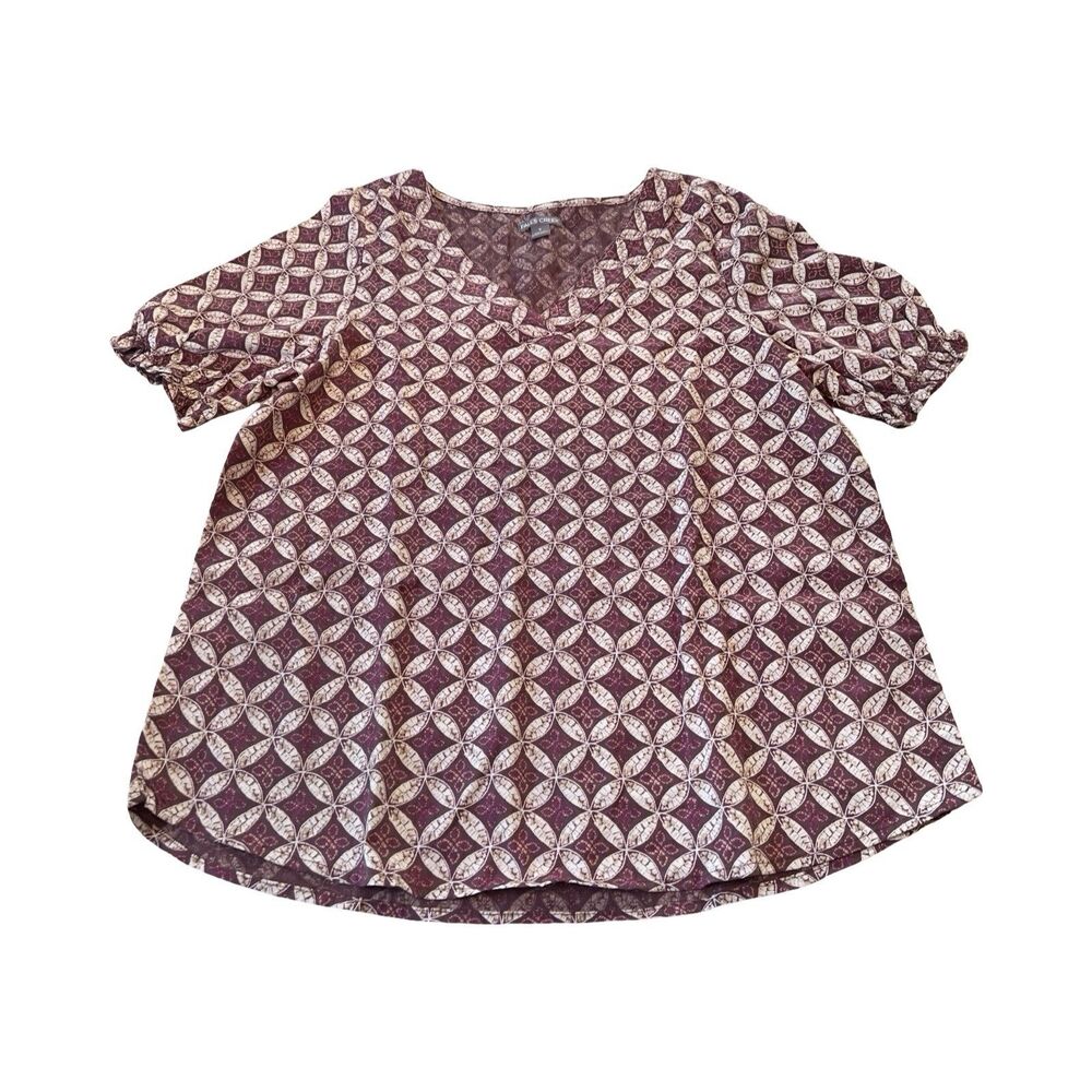 Falls Creek Womens Plum Geometric Medallion V-Neck Short Puff‎ Sleeve Blouse S